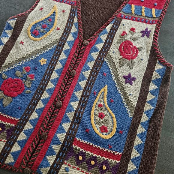 Women's Vintage Paisley Floral Embroidered Vest Patchwork Brown Boho Artsy Kitch - Picture 4 of 6